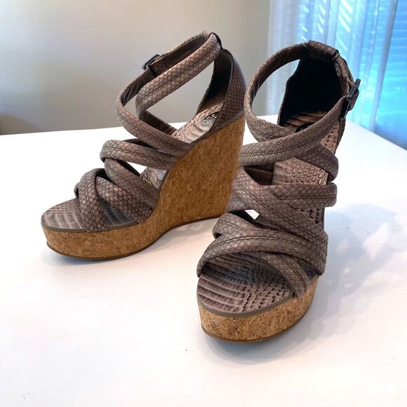 Tory Burch Taupe Python Embossed Leather Cork Wedge Strappy Sandals Size 10 M - Picture 3 of 11